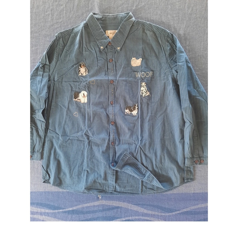 Bobbie Brooks Woman Dog Embroider Button chambray Shirt Mallard Grid 22W/24W